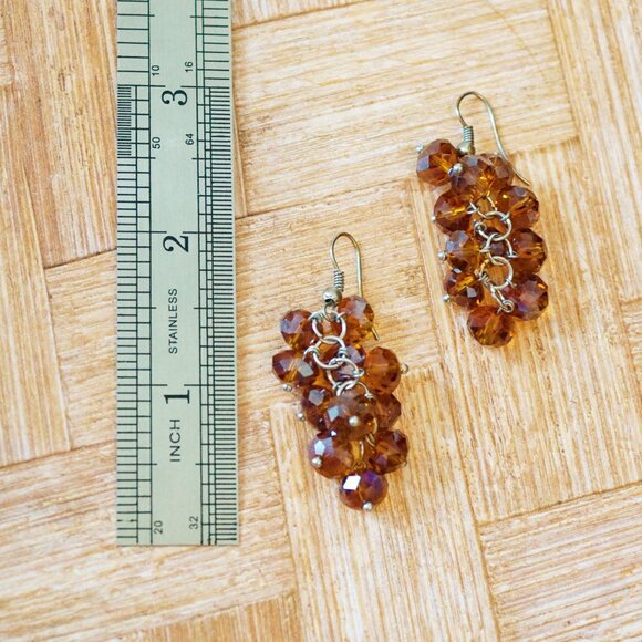 Vintage 1990s Root Beer Crystal Dangle Earrings – Faceted Beads, Silver Tone, 2” - Picture 3 of 3